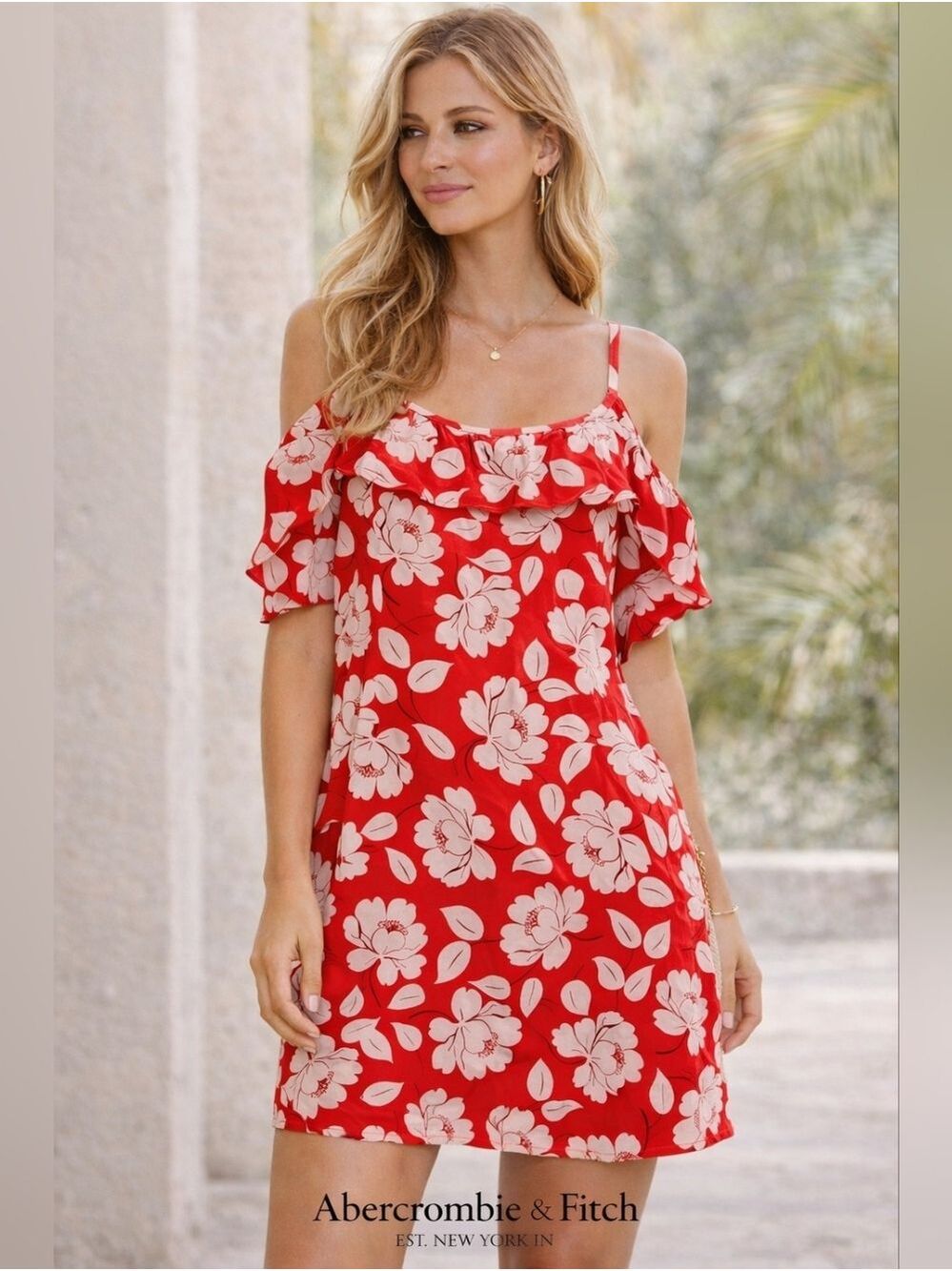 Abercrombie & Fitch Red Floral Cold Shoulder Dress Ruffle Sleeve Size Large